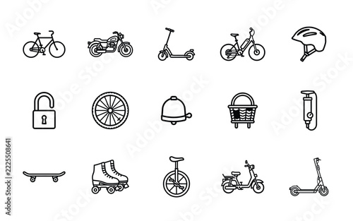 Set of 15 Bicycle and Eco Scooter Line Icons - Cycling, Urban Mobility, Bike Transportation Vector Outline Symbols