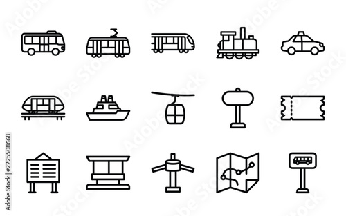 Set of 15 Public Transit and Commuter Line Icons - Bus, Train, Metro Transit, Urban Travel Vector Outline Symbols