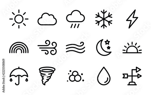 Set of 15 Weather and Climate Sky Line Icons - Meteorology, Sun, Rain, Forecast and Atmosphere Vector Outline Symbols