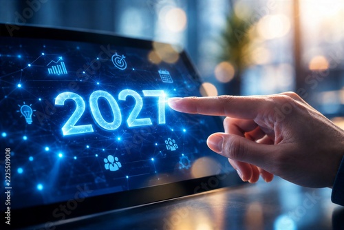 Hand touching glowing 2027 digits on a digital tablet with business icons and illuminated interface in an urban technology setting