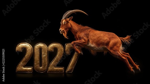 Mountain goat leaping over metallic 2027 numbers with curved horns and flowing reddish brown fur on a black background digital illustration