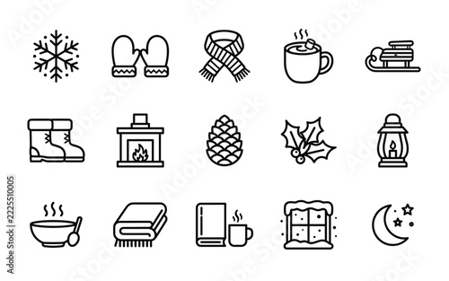 Set of 15 Cozy Winter and Holiday Season Line Icons - Cold Weather, Warm Clothes, Snow Season Vector Outline Symbols