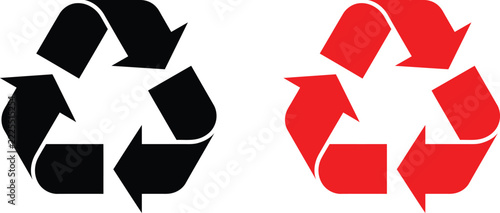 Recycle symbol icon set featuring black and red triangular arrows for environmental design