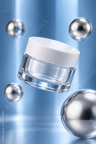 Floating clear cosmetic jar with silver spheres on a blue background