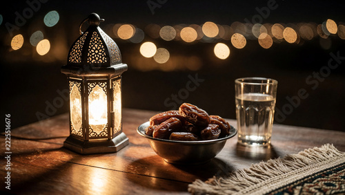 Ramadan Lantern With Dates On Evening Table