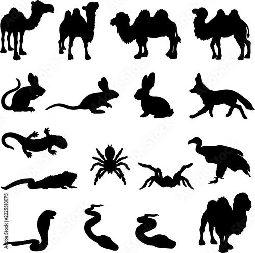 Black Animal Silhouette Vector Set, Camels, Rabbits, Snakes, Birds and Wildlife