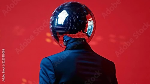 Mysterious man wearing a sleek black suit and a sparkling mirror ball helmet slowly rotating on a vibrant red background, embodying the spirit of a retro party and electronic music culture