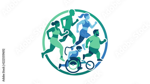 Diverse group running together in circle, inclusive fitness concept