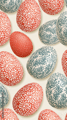 Easter egg pattern, hand drawn floral motif, coral egg, teal botanical design and white background create decorative spring arrangement
