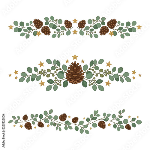 Decorative Winter Holiday Borders Featuring Pinecones Eucalyptus Leaves and Small Golden Stars for Festive Designs