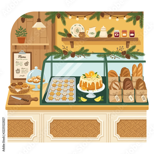 Cozy Winter Bakery Counter Featuring Freshly Baked Bread Cookies and Decorative Citrus Cake for Holiday Season Festive Food Display