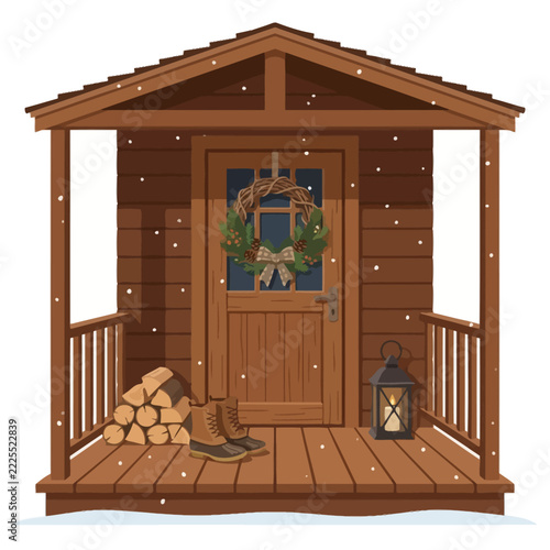 Cozy wooden winter cabin porch with Christmas wreath on the door firewood logs boots and a glowing lantern under falling snow illustration