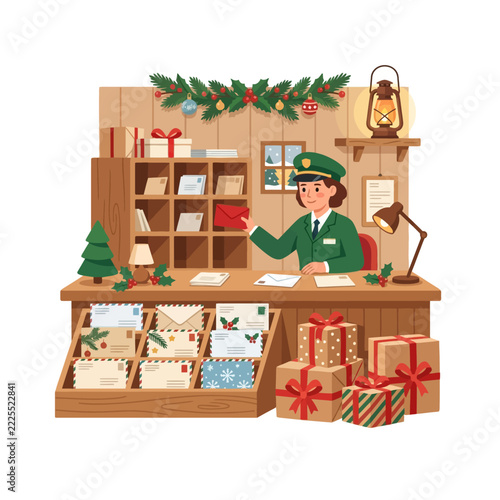 Cute Female Postal Worker Sorting Christmas Letters and Gifts in a Festive Post Office Illustration
