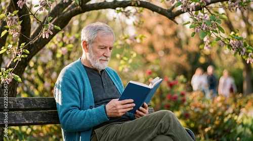 Elderly Man Reads a Book Under a Blossoming Tree in Spring
