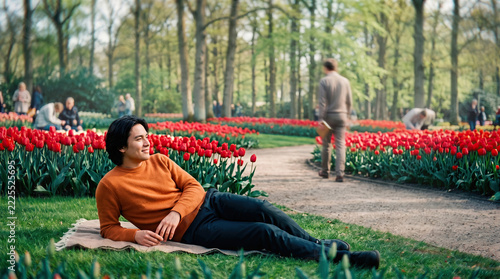 Person Resting on a Blanket in Tulip Garden Surrounded by Flowers