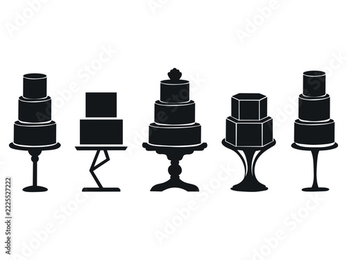 Set of five black tiered cake silhouettes on decorative stands, featuring round, square and hexagonal designs in a minimalist vector style on a white background.
