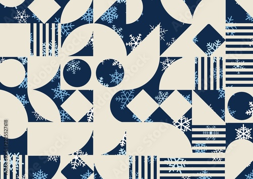 Christmas motifs showing through bauhaus geometric tiles in beige, blue and white, abstract digital art