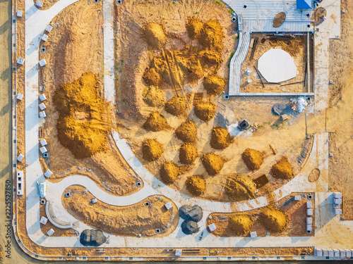 Aerial Construction Site Soil Piles Paths
