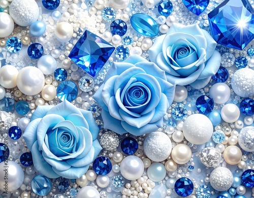 Luxury Royal Blue and White 3D Background with Sparkling Gems Pearls and Crystals