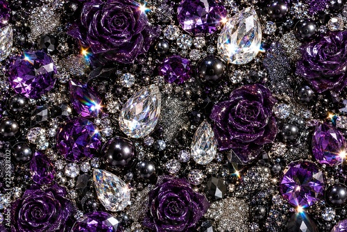 Luxury Dark Purple and Black 3D Background with Sparkling Gems Pearls and Crystals