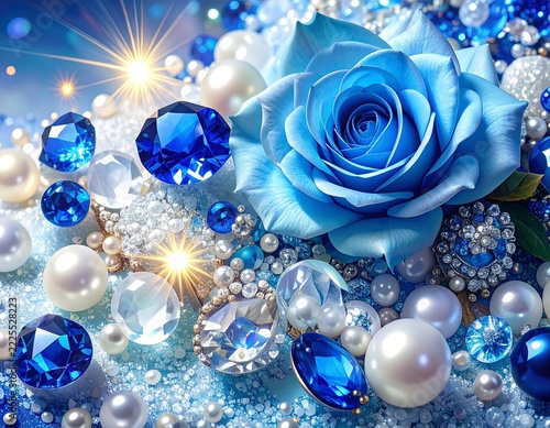 Luxury Royal Blue and White 3D Background with Sparkling Gems Pearls and Crystals