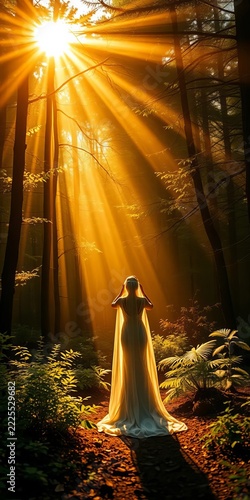 Golden light bathes a serene figure, embracing forest tranquility with open senses,  meditation,  nature therapy