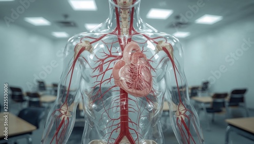 Illustration of a human body model with a heart and vascular system, suitable for educational and medical purposes