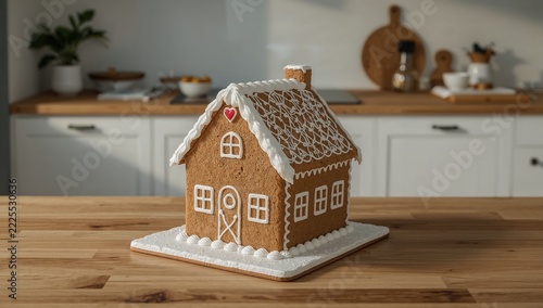 A ginger house sits on top of a wooden table