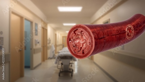 Hospital room with a blood tube in the foreground, suitable for medical or health-related themes