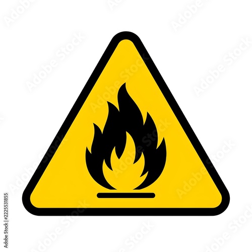 Yellow warning triangle flammable hazard safety sign with black fire flame symbol isolated on white background