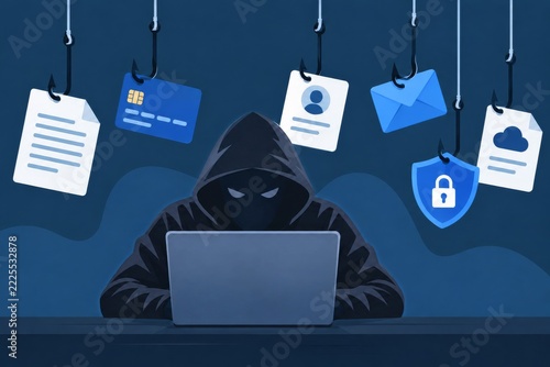 Hooded laptop user beneath phishing hooks with documents and payment cards