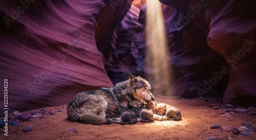 Mother wolf resting with her cute pups inside sandstone canyon