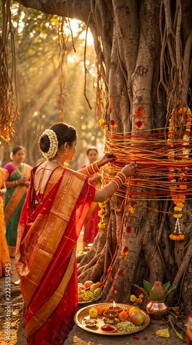 Woman in Red Saree Tying Sacred Thread Around Banyan Tree During Ritual image photo
