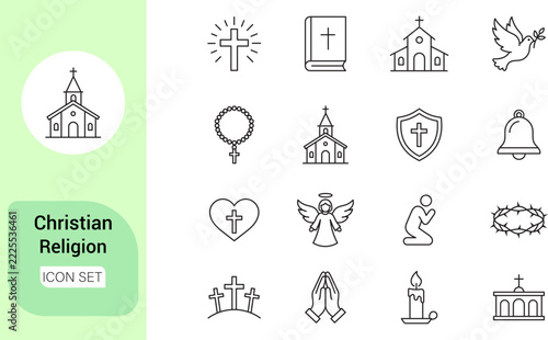 Christian religion icon set with church cross angel and prayer. vector illiustration.