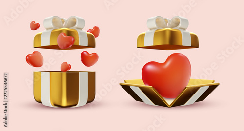 3D open luxury golden gift box with red floating hearts, romantic love present surprise for Valentines Day celebration and wedding
