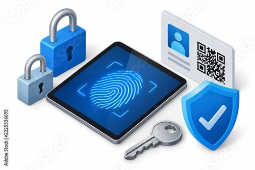 Isometric Fingerprint Tablet With Authentication Card Key Padlocks and Shields