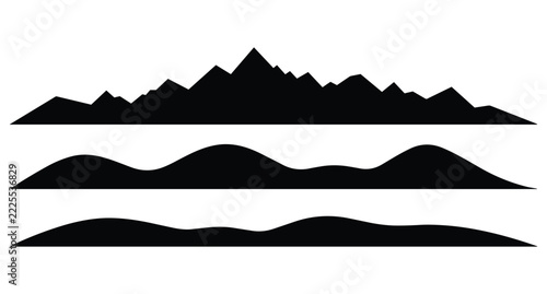 Black mountain range silhouettes and hills for outdoor landscape scenery design graphic projects
