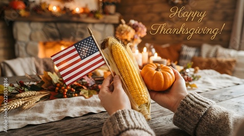 American thanksgiving celebration with person holding corn and small orange pumpkin.