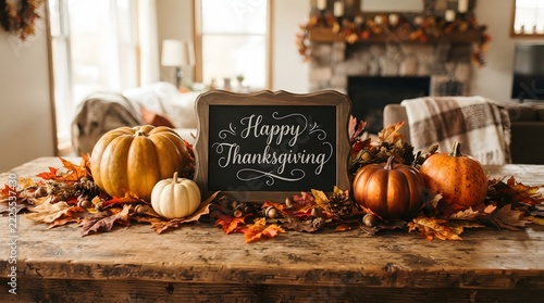 Rustic thanksgiving sign framed by pumpkins and fall leaves on wooden farmhouse desk.