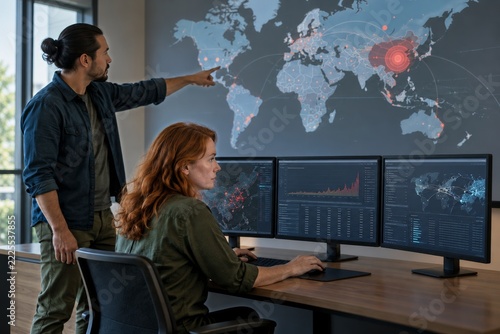 Colleagues Monitoring a World Map Alert Across Three Computer Screens