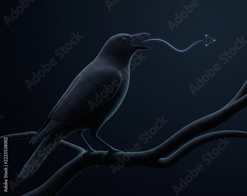 Dark wireframe mesh crow perched on a branch with an open beak and a glowing sound wave ending in a triangle node, bird song analysis, bioacoustics and animal communication concept