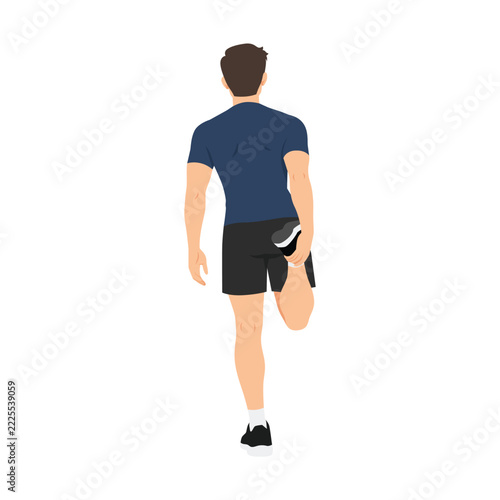 Man Performing Standing Quadriceps Stretch. Flat vector illustration isolated on white background