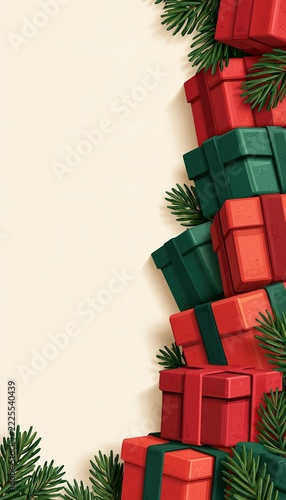 Stacked red and green gift boxes with evergreen sprigs and blank cream message area