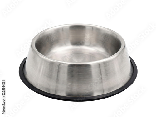 Stainless steel pet food bowl isolated on a black background, a durable metal container for dogs or cats featuring a non-slip rubber base rim, perfect for feeding or watering domestic animals daily.