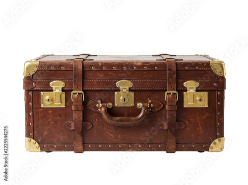 Vintage Leather Suitcase Isolated On A Transparent Background Featuring A Classic Rectangular Trunk Design With Sturdy Brass Hardware Latches And Reinforced Corner Protectors For Timeless Travel Style
