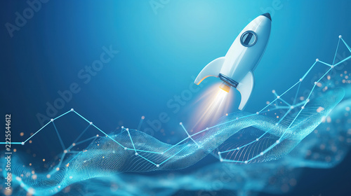 Startup Idea Illustrated by Rocket and Growth Graph on Blue Background