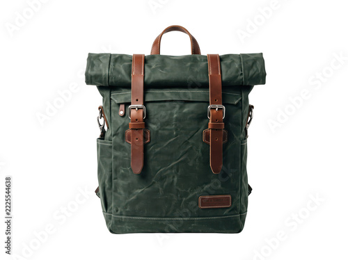 Waxed Canvas Roll Top Backpack With Genuine Leather Straps And Metal Buckles Isolated On A Transparent Background Featuring A Rugged Outdoor Aesthetic Perfect For Travel Hiking Or Daily Urban
