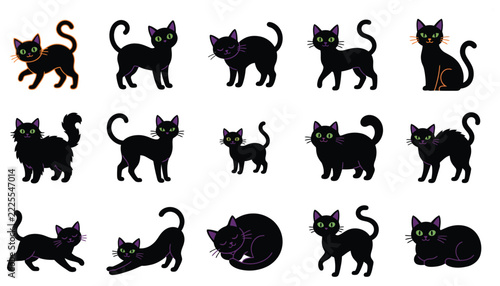 Black cats illustration set with glowing eyes for social media