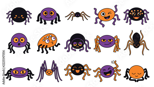 Cartoon spider and insect clipart icons set for halloween decorations