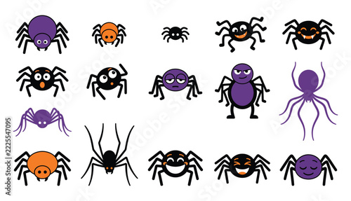 Cartoon spider icons set featuring eight different spider styles for